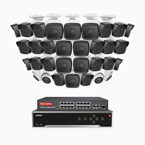 H500 - Kit de surveillance PoE 5MP à 32 canaux avec 28 caméras bullet et 4 caméras tourelle, Vision nocturne Infrarouge 2.0, Microphone intégré, Fente pour carte SD, Fonctionne avec Alexa, Switch PoE 16 ports inclus