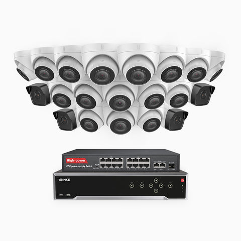 H500 - Kit de surveillance PoE 5MP à 32 canaux avec 4 caméras bullet et 16 caméras tourelle, Vision nocturne Infrarouge 2.0, Microphone intégré, Fente pour carte SD, Fonctionne avec Alexa, Switch PoE 16 ports inclus
