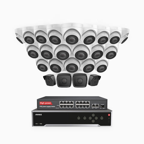 H500 - Kit de surveillance PoE 5MP à 32 canaux avec 4 caméras bullet et 20 caméras tourelle, Vision nocturne Infrarouge 2.0, Microphone intégré, Fente pour carte SD, Fonctionne avec Alexa, Switch PoE 16 ports inclus