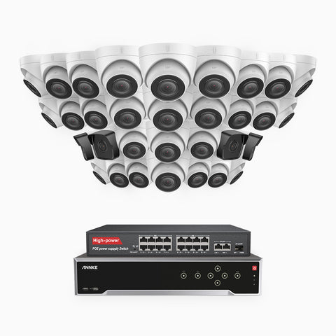 H500 - Kit de surveillance PoE 5MP à 32 canaux avec 4 caméras bullet et 28 caméras tourelle, Vision nocturne Infrarouge 2.0, Microphone intégré, Fente pour carte SD, Fonctionne avec Alexa, Switch PoE 16 ports inclus