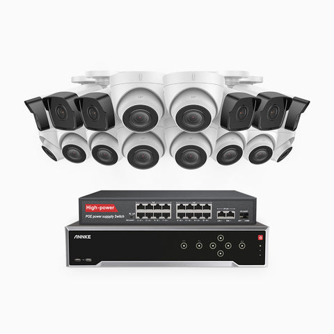 H500 - Kit de surveillance PoE 5MP à 32 canaux avec 6 caméras bullet et 10 caméras tourelle, Vision nocturne Infrarouge 2.0, Microphone intégré, Fente pour carte SD, Fonctionne avec Alexa, Switch PoE 16 ports inclus
