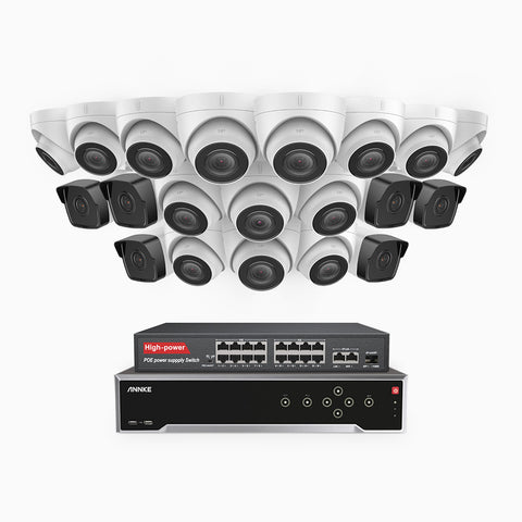 H500 - Kit de surveillance PoE 5MP à 32 canaux avec 6 caméras bullet et 14 caméras tourelle, Vision nocturne Infrarouge 2.0, Microphone intégré, Fente pour carte SD, Fonctionne avec Alexa, Switch PoE 16 ports inclus