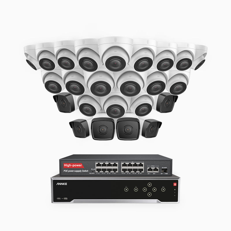 H500 - Kit de surveillance PoE 5MP à 32 canaux avec 6 caméras bullet et 18 caméras tourelle, Vision nocturne Infrarouge 2.0, Microphone intégré, Fente pour carte SD, Fonctionne avec Alexa, Switch PoE 16 ports inclus