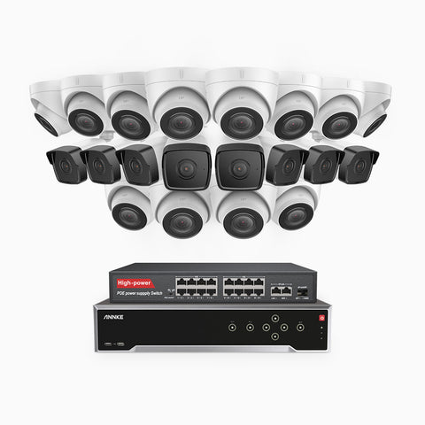 H500 - Kit de surveillance PoE 5MP à 32 canaux avec 8 caméras bullet et 12 caméras tourelle, Vision nocturne Infrarouge 2.0, Microphone intégré, Fente pour carte SD, Fonctionne avec Alexa, Switch PoE 16 ports inclus