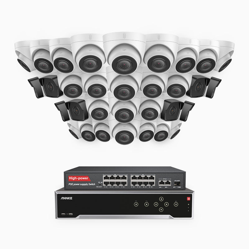 H500 - Kit de surveillance PoE 5MP à 32 canaux avec 8 caméras bullet et 24 caméras tourelle, Vision nocturne Infrarouge 2.0, Microphone intégré, Fente pour carte SD, Fonctionne avec Alexa, Switch PoE 16 ports inclus