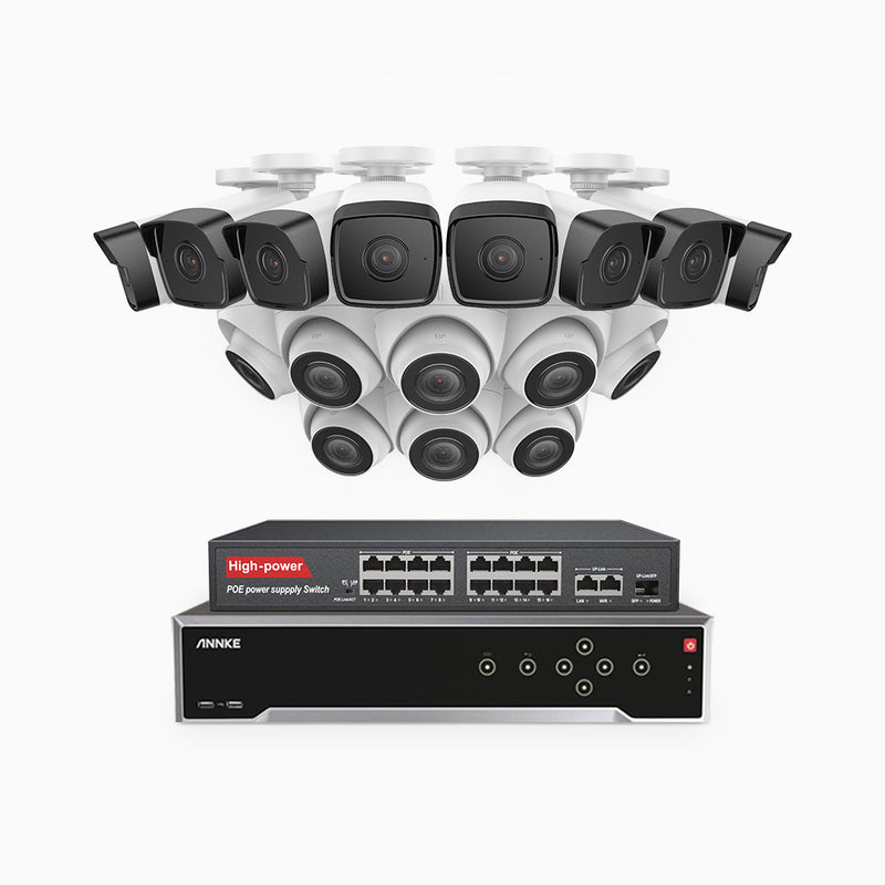 H500 - Kit de surveillance PoE 5MP à 32 canaux avec 8 caméras bullet et 8 caméras tourelle, Vision nocturne Infrarouge 2.0, Microphone intégré, Fente pour carte SD, Fonctionne avec Alexa, Switch PoE 16 ports inclus
