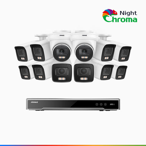 NightChroma<sup>TM</sup> NCK800 - Kit de surveillance PoE 4MP à 16 canaux avec 10 caméras bullet et 2 caméras tourelle, Vision nocturne couleur ultime, super ouverture f/1.0 (0,0005 Lux), Détection Personne-Véhicule, Analyse comportementale intelligente