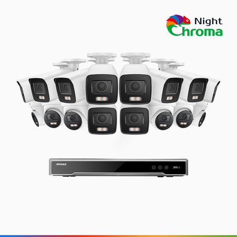 NightChroma<sup>TM</sup> NCK800 - Kit de surveillance PoE 4MP à 16 canaux avec 10 caméras bullet et 6 caméras tourelle, Vision nocturne couleur ultime, super ouverture f/1.0 (0,0005 Lux), Détection Personne-Véhicule, Analyse comportementale intelligente