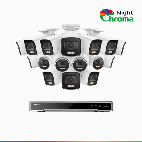 NightChroma<sup>TM</sup> NCK800 - Kit de surveillance PoE 4MP à 16 canaux avec 12 caméras bullet et 4 caméras tourelle, Vision nocturne couleur ultime, super ouverture f/1.0 (0,0005 Lux), Détection Personne-Véhicule, Analyse comportementale intelligente