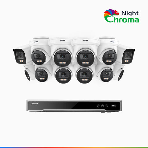 NightChroma<sup>TM</sup> NCK800 - Kit de surveillance PoE 4MP à 16 canaux avec 2 caméras bullet et 10 caméras tourelle, Vision nocturne couleur ultime, super ouverture f/1.0 (0,0005 Lux), Détection Personne-Véhicule, Analyse comportementale intelligente