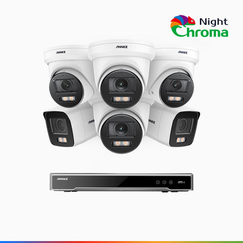 NightChroma<sup>TM</sup> NCK800 - Kit de surveillance PoE 4MP à 16 canaux avec 2 caméras bullet et 4 caméras tourelle, Vision nocturne couleur ultime, super ouverture f/1.0 (0,0005 Lux), Détection Personne-Véhicule, Analyse comportementale intelligente