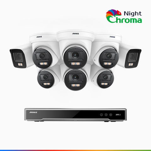 NightChroma<sup>TM</sup> NCK800 - Kit de surveillance PoE 4MP à 16 canaux avec 2 caméras bullet et 6 caméras tourelle, Vision nocturne couleur ultime, super ouverture f/1.0 (0,0005 Lux), Détection Personne-Véhicule, Analyse comportementale intelligente