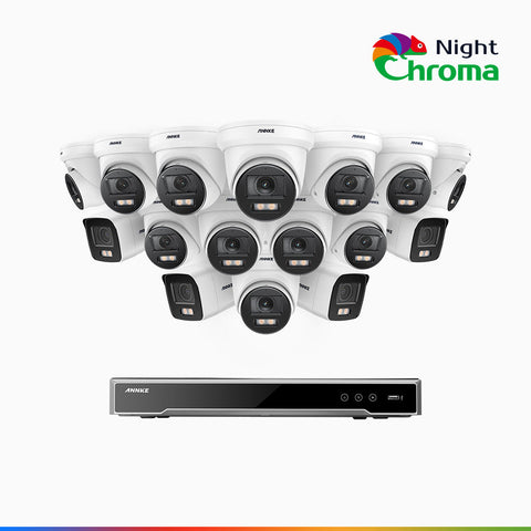 NightChroma<sup>TM</sup> NCK800 - Kit de surveillance PoE 4MP à 16 canaux avec 4 caméras bullet et 12 caméras tourelle, Vision nocturne couleur ultime, super ouverture f/1.0 (0,0005 Lux), Détection Personne-Véhicule, Analyse comportementale intelligente