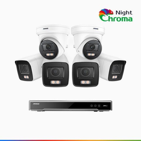 NightChroma<sup>TM</sup> NCK800 - Kit de surveillance PoE 4MP à 16 canaux avec 4 caméras bullet et 2 caméras tourelle, Vision nocturne couleur ultime, super ouverture f/1.0 (0,0005 Lux), Détection Personne-Véhicule, Analyse comportementale intelligente
