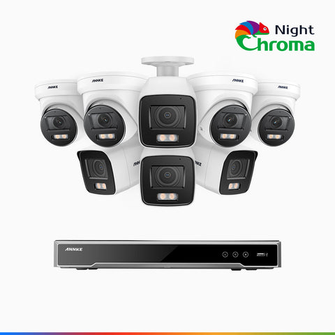 NightChroma<sup>TM</sup> NCK800 - Kit de surveillance PoE 4MP à 16 canaux avec 4 caméras bullet et 4 caméras tourelle, Vision nocturne couleur ultime, super ouverture f/1.0 (0,0005 Lux), Détection Personne-Véhicule, Analyse comportementale intelligente