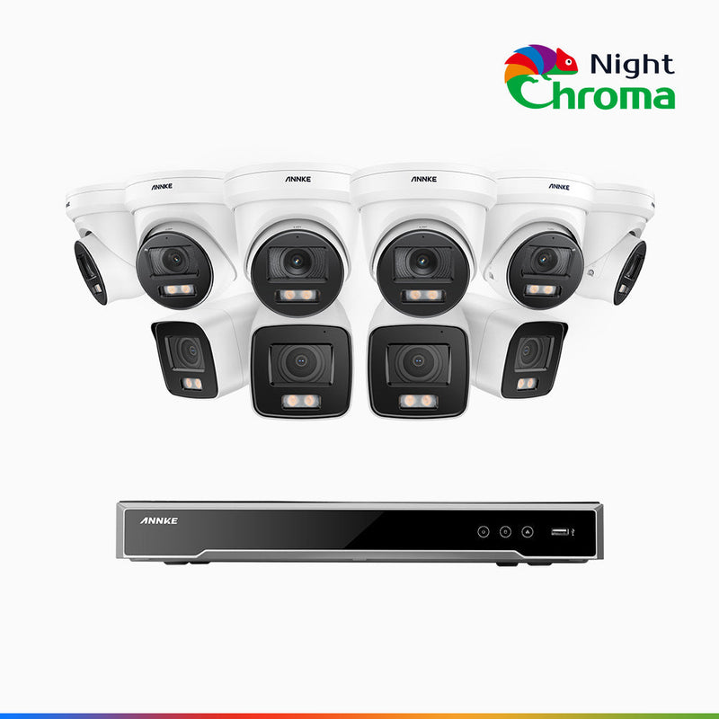 NightChroma<sup>TM</sup> NCK800 - Kit de surveillance PoE 4MP à 16 canaux avec 4 caméras bullet et 6 caméras tourelle, Vision nocturne couleur ultime, super ouverture f/1.0 (0,0005 Lux), Détection Personne-Véhicule, Analyse comportementale intelligente