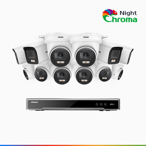 NightChroma<sup>TM</sup> NCK800 - Kit de surveillance PoE 4MP à 16 canaux avec 4 caméras bullet et 8 caméras tourelle, Vision nocturne couleur ultime, super ouverture f/1.0 (0,0005 Lux), Détection Personne-Véhicule, Analyse comportementale intelligente