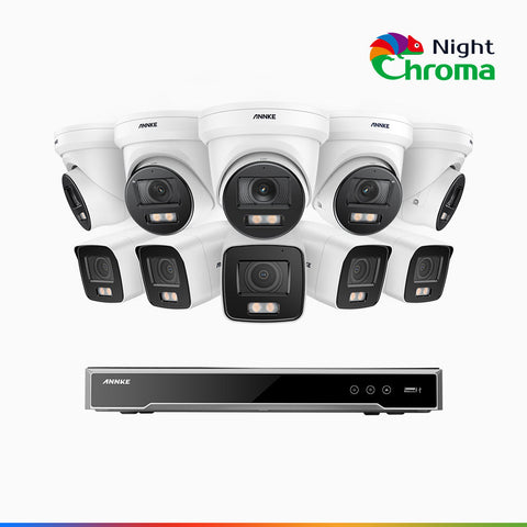 NightChroma<sup>TM</sup> NCK800 - Kit de surveillance PoE 4MP à 16 canaux avec 5 caméras bullet et 5 caméras tourelle, Vision nocturne couleur ultime, super ouverture f/1.0 (0,0005 Lux), Détection Personne-Véhicule, Analyse comportementale intelligente