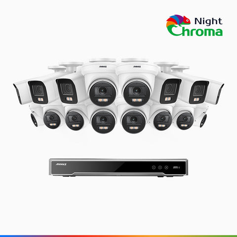NightChroma<sup>TM</sup> NCK800 - Kit de surveillance PoE 4MP à 16 canaux avec 6 caméras bullet et 10 caméras tourelle, Vision nocturne couleur ultime, super ouverture f/1.0 (0,0005 Lux), Détection Personne-Véhicule, Analyse comportementale intelligente
