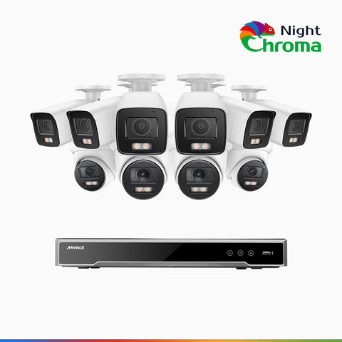 NightChroma<sup>TM</sup> NCK800 - Kit de surveillance PoE 4MP à 16 canaux avec 6 caméras bullet et 4 caméras tourelle, Vision nocturne couleur ultime, super ouverture f/1.0 (0,0005 Lux), Détection Personne-Véhicule, Analyse comportementale intelligente
