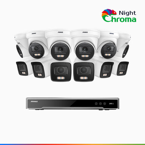 NightChroma<sup>TM</sup> NCK800 - Kit de surveillance PoE 4MP à 16 canaux avec 6 caméras bullet et 6 caméras tourelle, Vision nocturne couleur ultime, super ouverture f/1.0 (0,0005 Lux), Détection Personne-Véhicule, Analyse comportementale intelligente