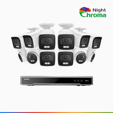 NightChroma<sup>TM</sup> NCK800 - Kit de surveillance PoE 4MP à 16 canaux avec 8 caméras bullet et 4 caméras tourelle, Vision nocturne couleur ultime, super ouverture f/1.0 (0,0005 Lux), Détection Personne-Véhicule, Analyse comportementale intelligente