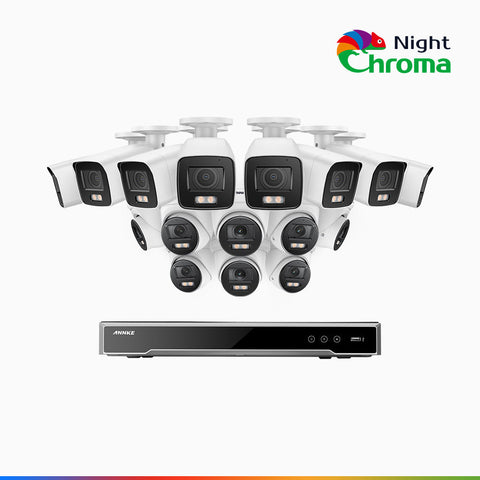 NightChroma<sup>TM</sup> NCK800 - Kit de surveillance PoE 4MP à 16 canaux avec 8 caméras bullet et 8 caméras tourelle, Vision nocturne couleur ultime, super ouverture f/1.0 (0,0005 Lux), Détection Personne-Véhicule, Analyse comportementale intelligente
