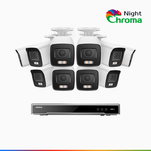 NightChroma<sup>TM</sup> NCK800 - Kit de surveillance PoE 4K à 16 canaux avec 10 caméras, Vision nocturne couleur ultime, super ouverture f/1.0 (0,0005 Lux), Détection Personne-Véhicule, Analyse comportementale intelligente, Microphone intégré