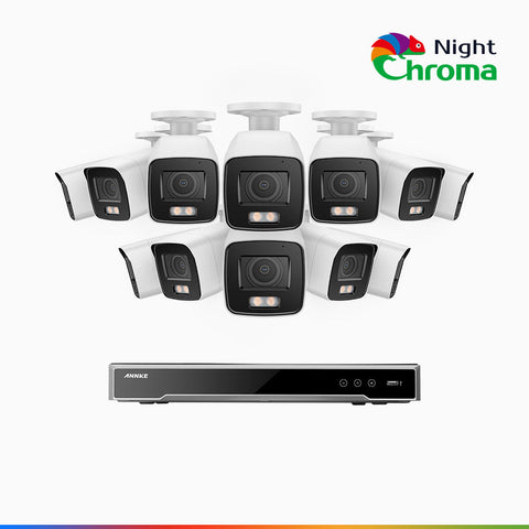 NightChroma<sup>TM</sup> NCK800 - Kit de surveillance PoE 4K à 16 canaux avec 12 caméras, Vision nocturne couleur ultime, super ouverture f/1.0 (0,0005 Lux), Détection Personne-Véhicule, Analyse comportementale intelligente, Microphone intégré