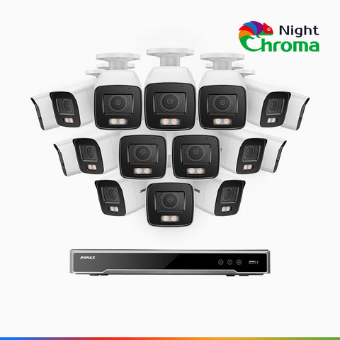 NightChroma<sup>TM</sup> NCK800 - Kit de surveillance PoE 4K à 16 canaux avec 16 caméras, Vision nocturne couleur ultime, super ouverture f/1.0 (0,0005 Lux), Détection Personne-Véhicule, Analyse comportementale intelligente, Microphone intégré