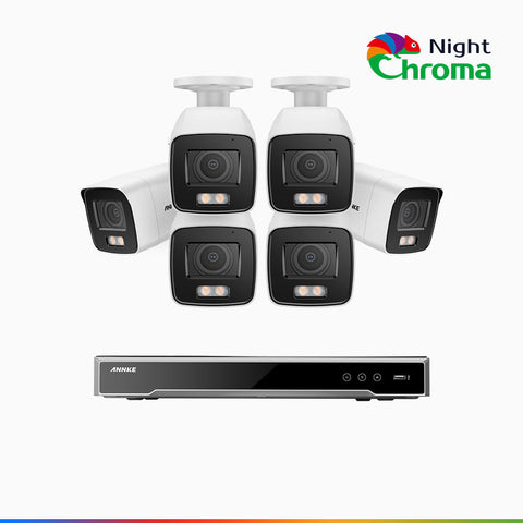NightChroma<sup>TM</sup> NCK800 - Kit de surveillance PoE 4K à 16 canaux avec 6 caméras, Vision nocturne couleur ultime, super ouverture f/1.0 (0,0005 Lux), Détection Personne-Véhicule, Analyse comportementale intelligente, Microphone intégré